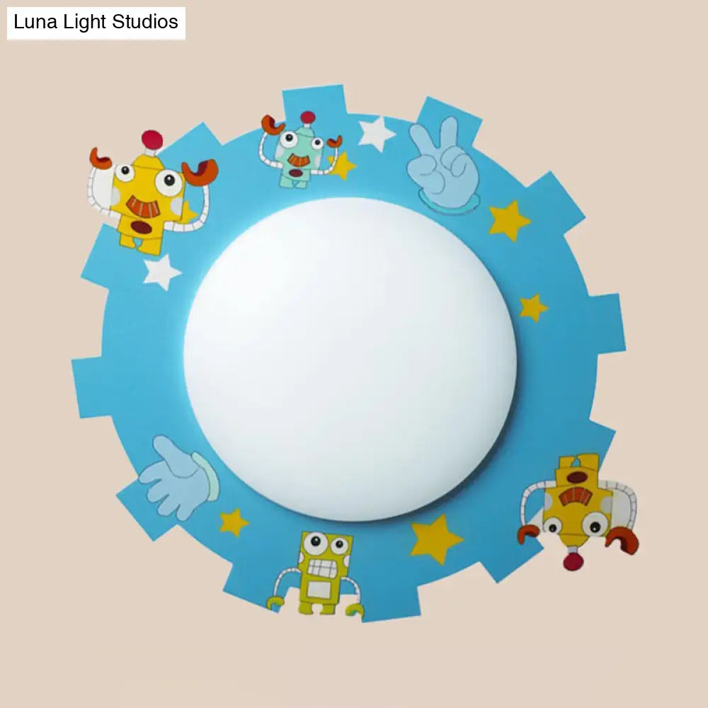 Cartoon Pattern Led Ceiling Lamp For Kids Nursing Room Acrylic Circle Mount Blue / Gear