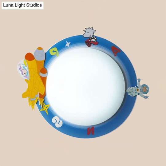 Cartoon Pattern Led Ceiling Lamp For Kids Nursing Room Acrylic Circle Mount Blue / Rocket