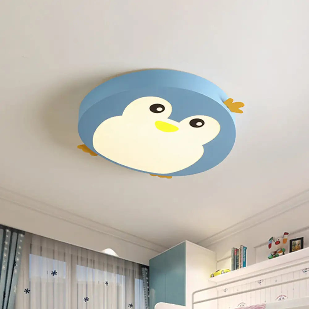 Cartoon Penguin Led Ceiling Light Fixture In Blue/Pink - Flush Mount For Kids’ Bedrooms Blue