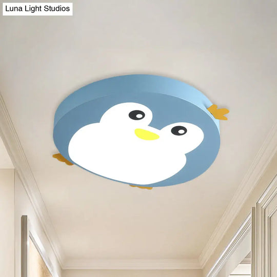 Cartoon Penguin Led Ceiling Light Fixture In Blue/Pink - Flush Mount For Kids Bedrooms