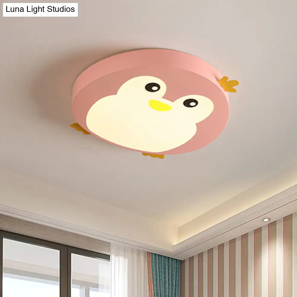 Cartoon Penguin Led Ceiling Light Fixture In Blue/Pink - Flush Mount For Kids’ Bedrooms