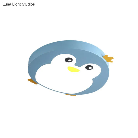 Cartoon Penguin Led Ceiling Light Fixture In Blue/Pink - Flush Mount For Kids Bedrooms