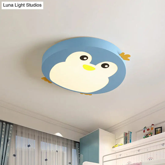 Cartoon Penguin Led Ceiling Light Fixture In Blue/Pink - Flush Mount For Kids Bedrooms Blue
