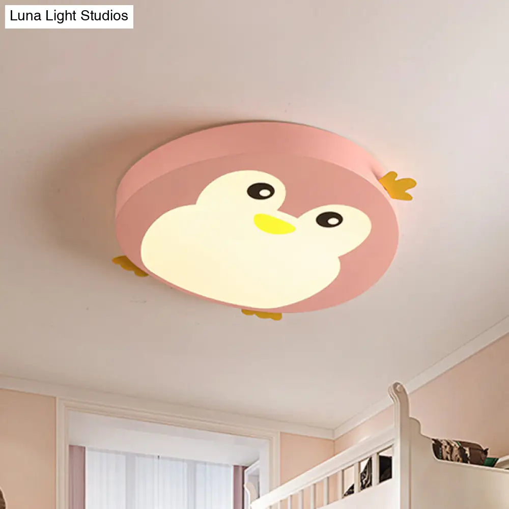 Cartoon Penguin Led Ceiling Light Fixture In Blue/Pink - Flush Mount For Kids Bedrooms