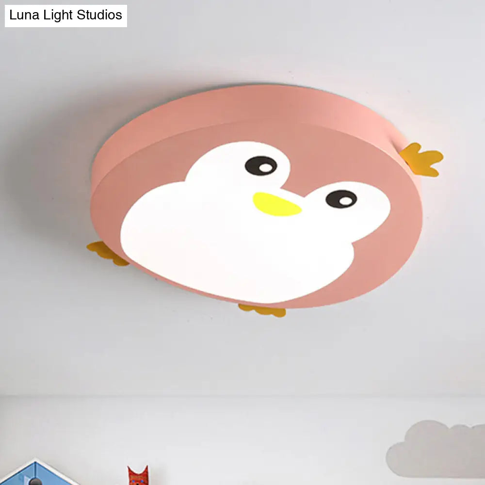 Cartoon Penguin Led Ceiling Light Fixture In Blue/Pink - Flush Mount For Kids Bedrooms Pink