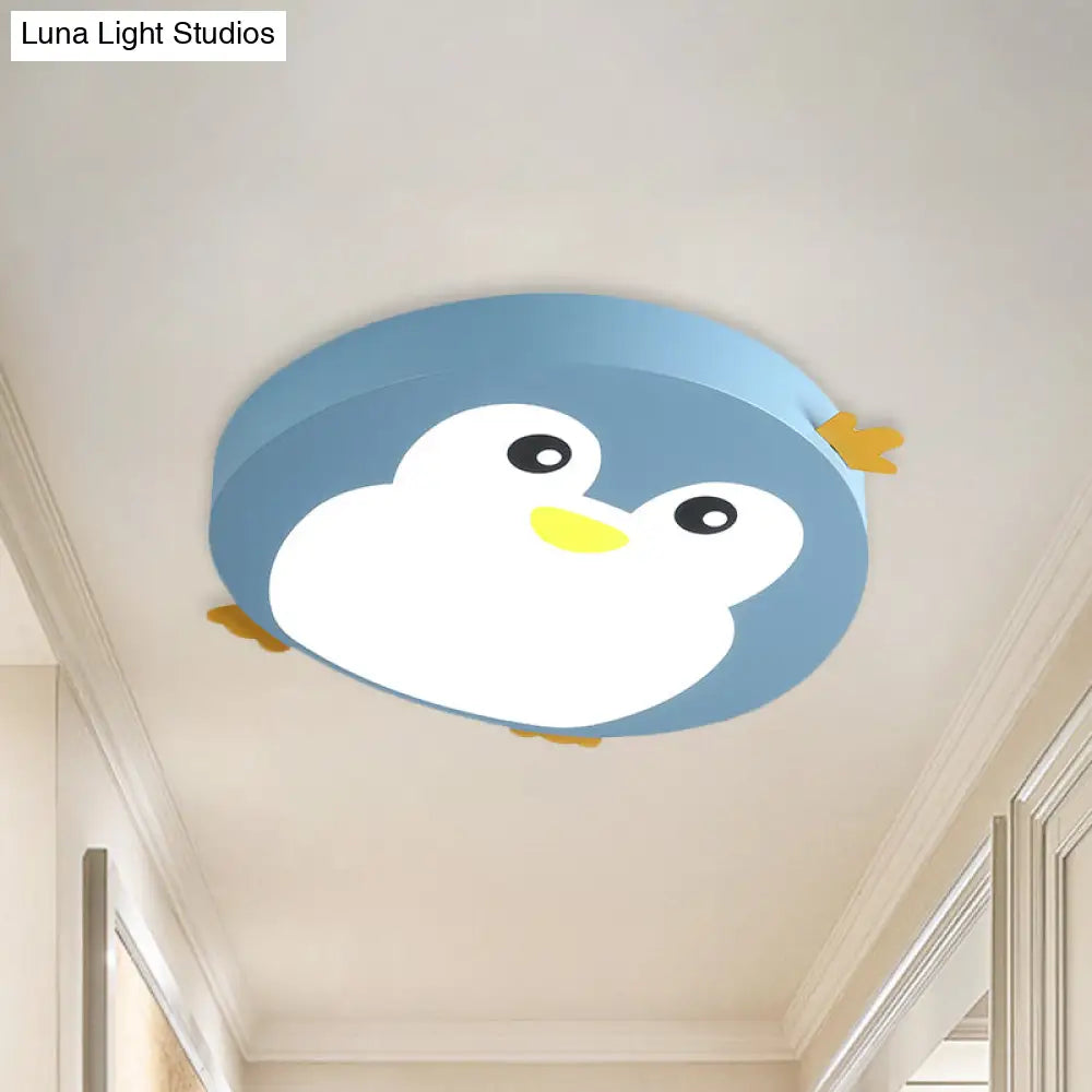 Cartoon Penguin Led Ceiling Light Fixture In Blue/Pink - Flush Mount For Kids’ Bedrooms