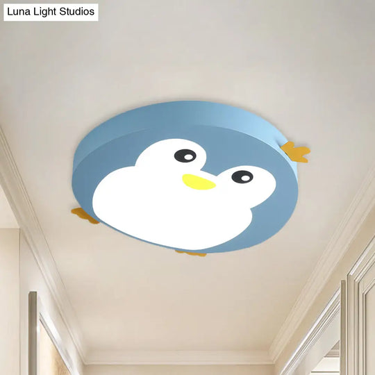 Cartoon Penguin Led Ceiling Light Fixture In Blue/Pink - Flush Mount For Kids’ Bedrooms