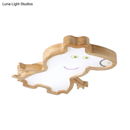 Cartoon Pig Wood Led Ceiling Lamp For Kids Room In White/Warm Light