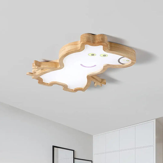 Cartoon Pig Wood Led Ceiling Lamp For Kids Room In White/Warm Light White /