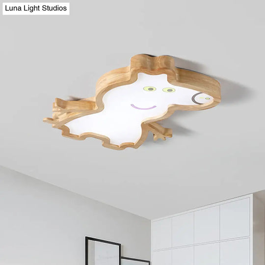 Cartoon Pig Wood Led Ceiling Lamp For Kids Room In White/Warm Light White /