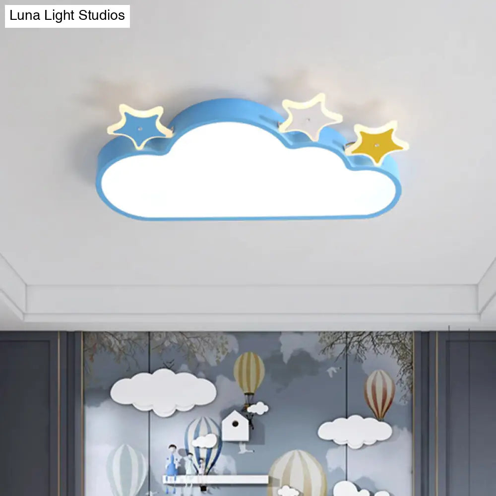Cartoon Pink/Blue Led Cloud-With-Star Flushmount Ceiling Light For Childrens Room Blue