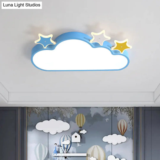 Cartoon Pink/Blue Led Cloud-With-Star Flushmount Ceiling Light For Childrens Room Blue