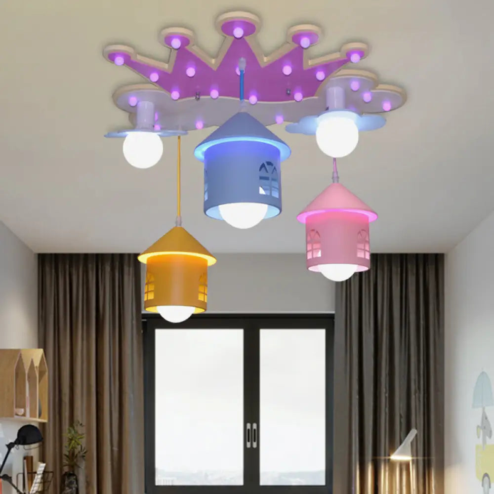 Cartoon Pink Crown Flush Mount Ceiling Lamp With Iron House Shade - Semi Wood Light 5 Lights