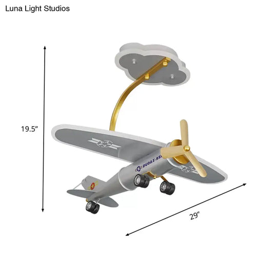 Cartoon Plane Silver Led Flush Mount With Cloud Canopy For Kids Bedroom