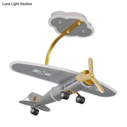 Cartoon Plane Silver Led Flush Mount With Cloud Canopy For Kids Bedroom