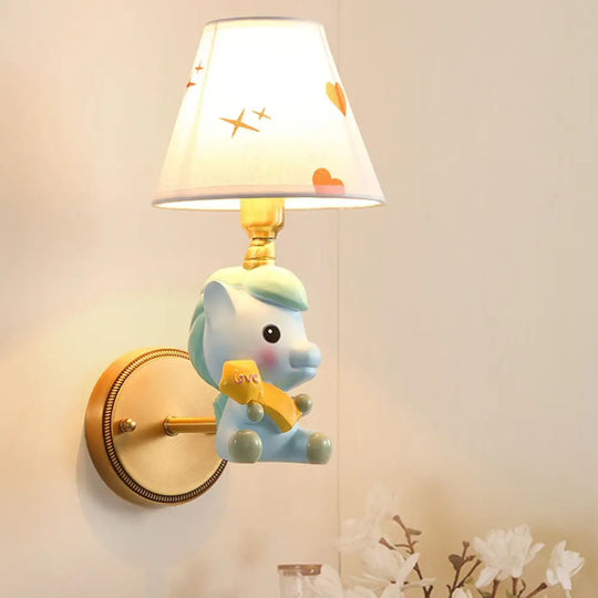 Cartoon Pony Base Kids Metal Sconce: Single Light Pink/Blue Wall Mounted Fixture Blue