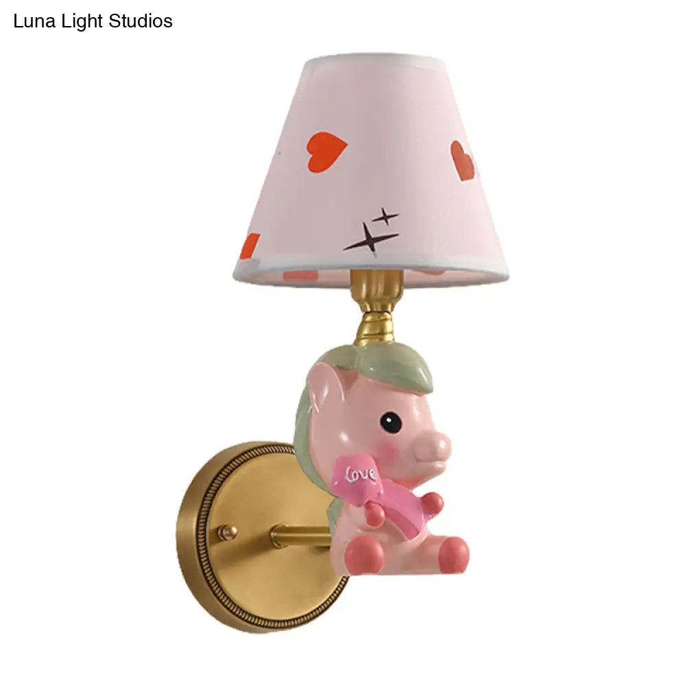 Cartoon Pony Base Kids Metal Sconce: Single Light Pink/Blue Wall Mounted Fixture