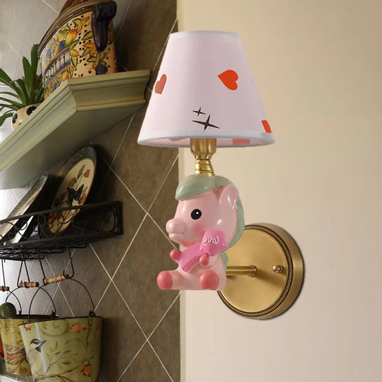 Cartoon Pony Base Kids Metal Sconce: Single Light Pink/Blue Wall Mounted Fixture Pink