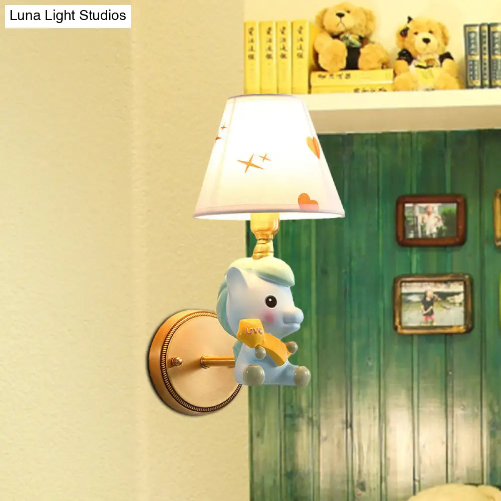 Cartoon Pony Base Kids Metal Sconce: Single Light Pink/Blue Wall Mounted Fixture