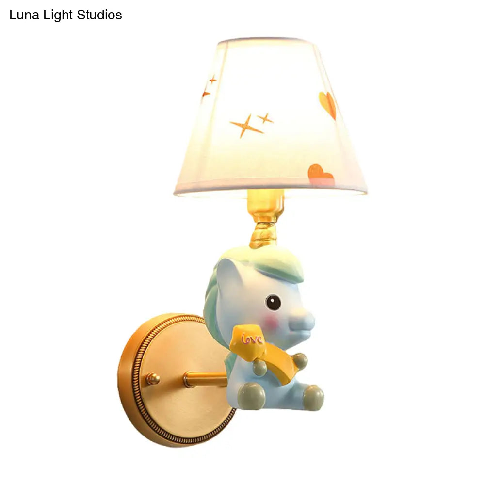 Cartoon Pony Base Kids Metal Sconce: Single Light Pink/Blue Wall Mounted Fixture