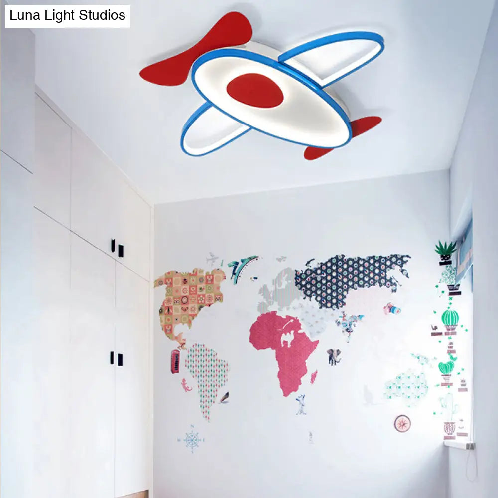 Cartoon Propeller Plane Led Ceiling Light For Kids Bedroom In Red & Blue / White