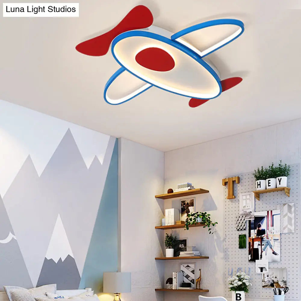 Cartoon Propeller Plane Led Ceiling Light For Kids’ Bedroom In Red & Blue