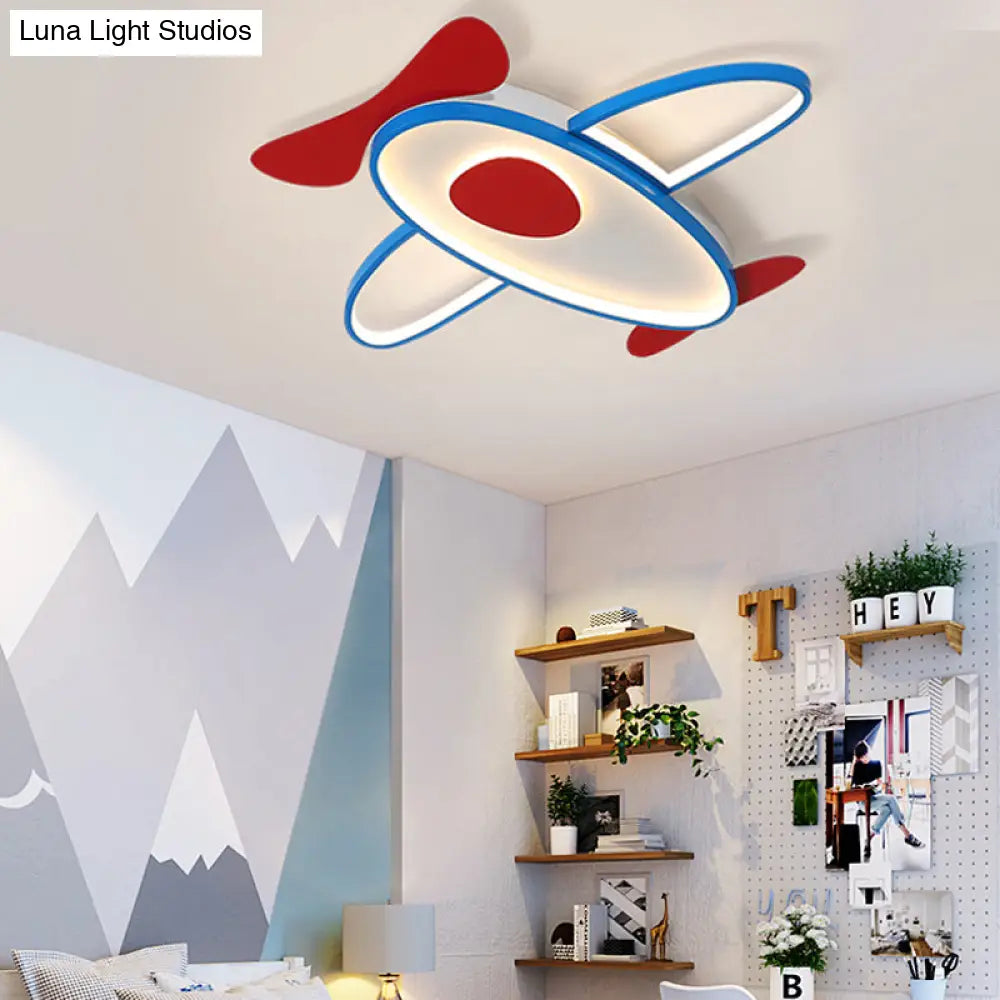 Cartoon Propeller Plane Led Ceiling Light For Kids Bedroom In Red & Blue