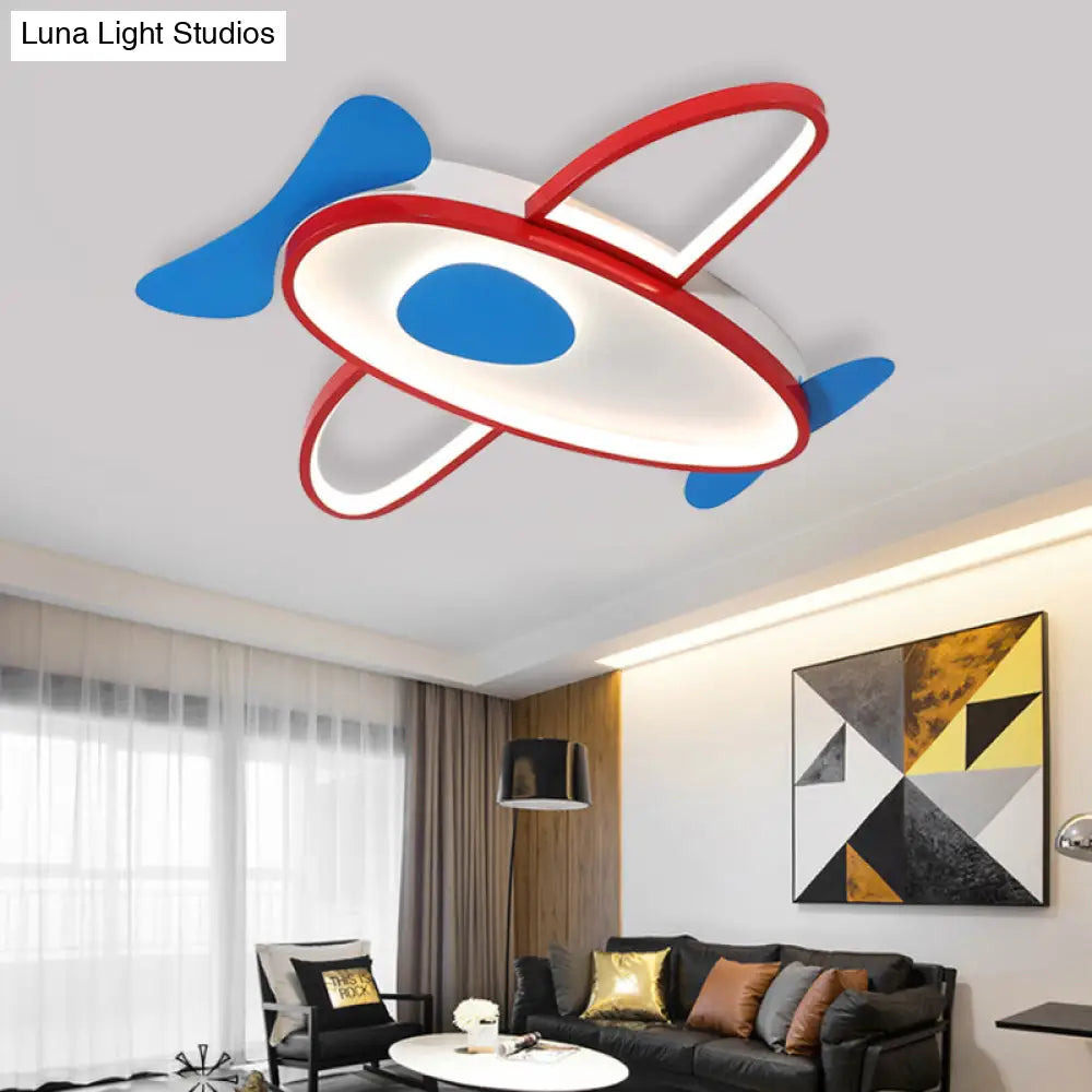 Cartoon Propeller Plane Led Ceiling Light For Kids Bedroom In Red & Blue / White