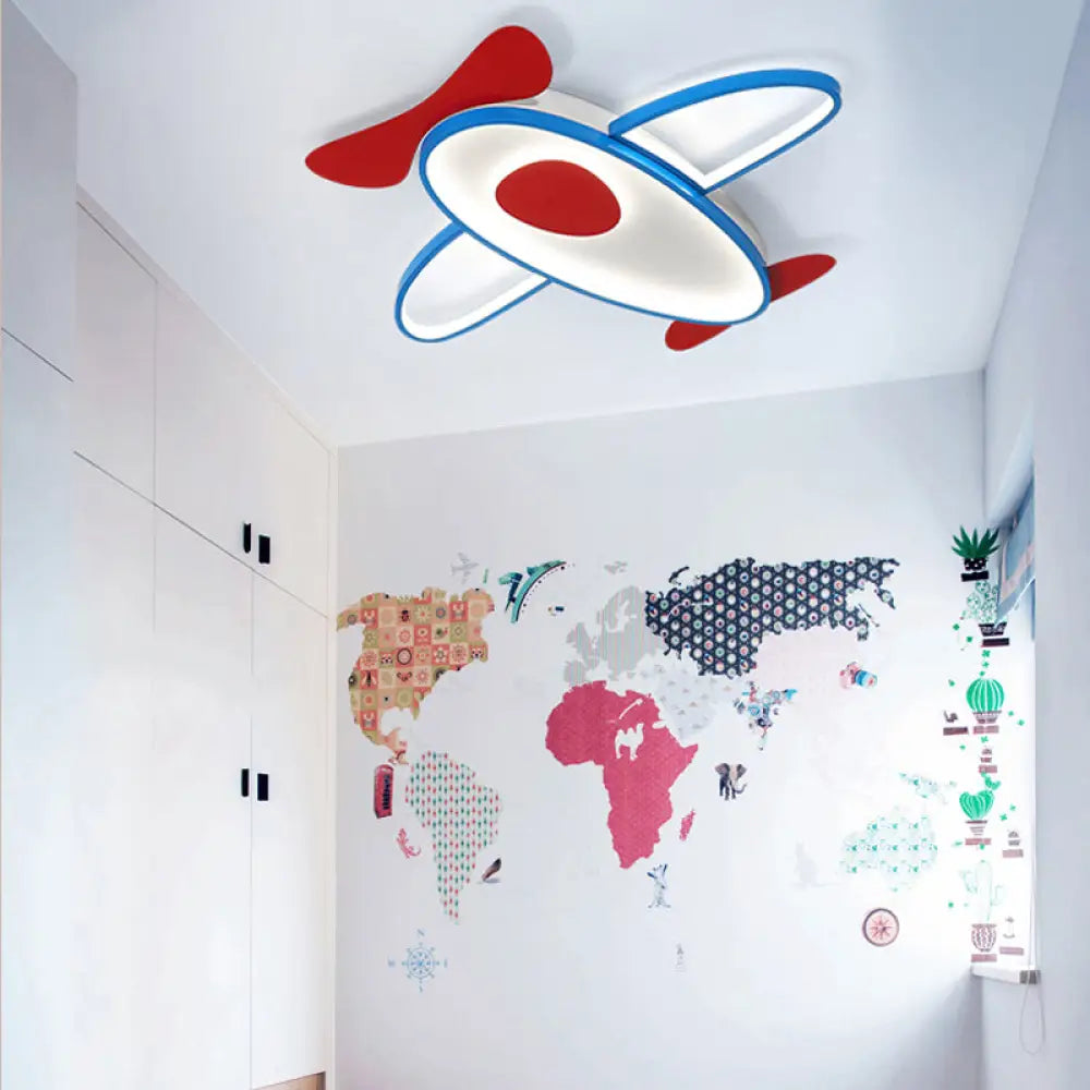 Cartoon Propeller Plane Led Ceiling Light For Kids’ Bedroom In Red & Blue / White