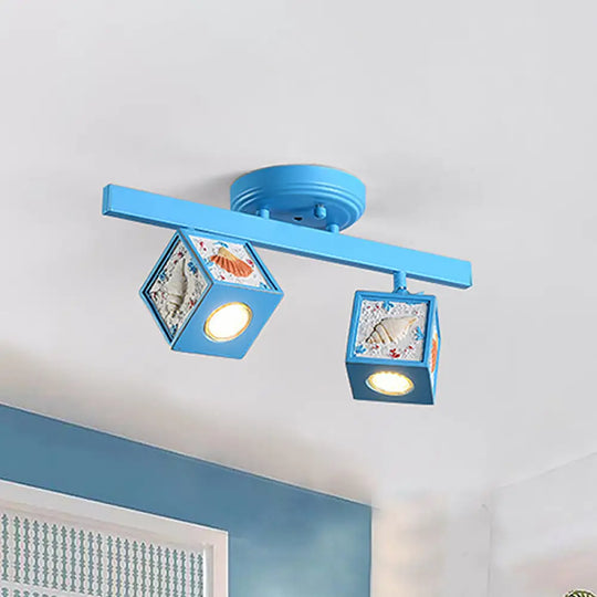 Cartoon Resin 1/2 - Head Light/Sky Blue Ceiling Lamp - Cube Semi Mount With Conch Deco 2 / Sky
