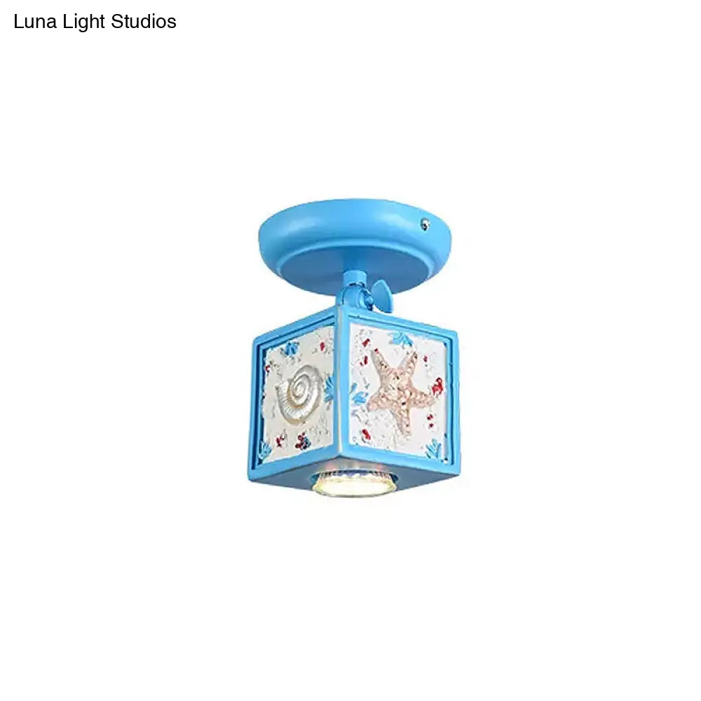 Cartoon Resin 1/2-Head Light/Sky Blue Ceiling Lamp - Cube Semi Mount With Conch Deco