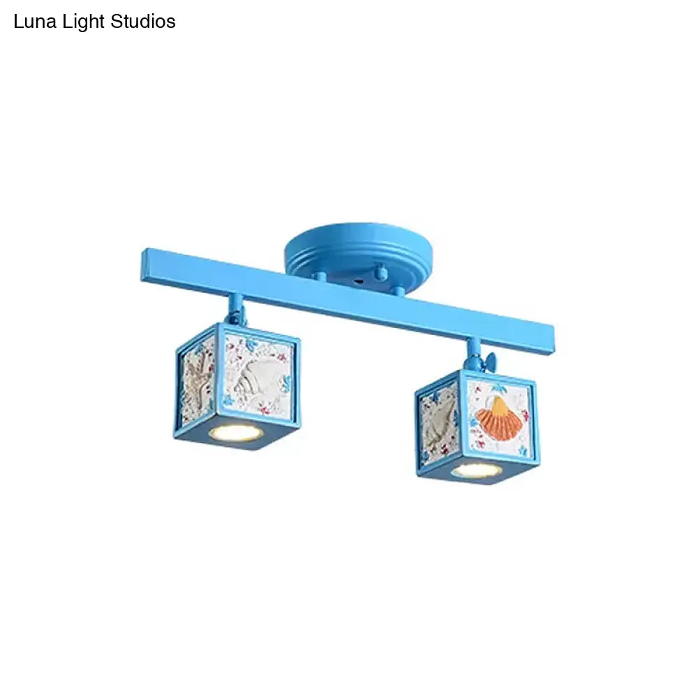 Cartoon Resin 1/2 - Head Light/Sky Blue Ceiling Lamp - Cube Semi Mount With Conch Deco