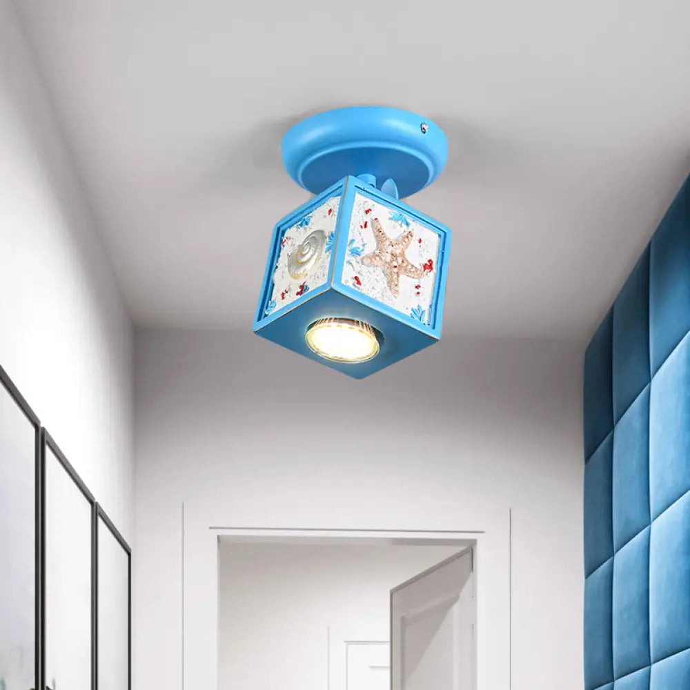 Cartoon Resin 1/2 - Head Light/Sky Blue Ceiling Lamp - Cube Semi Mount With Conch Deco 1 / Sky