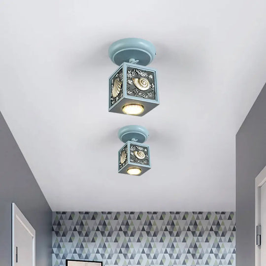 Cartoon Resin 1/2 - Head Light/Sky Blue Ceiling Lamp - Cube Semi Mount With Conch Deco 1 / Light