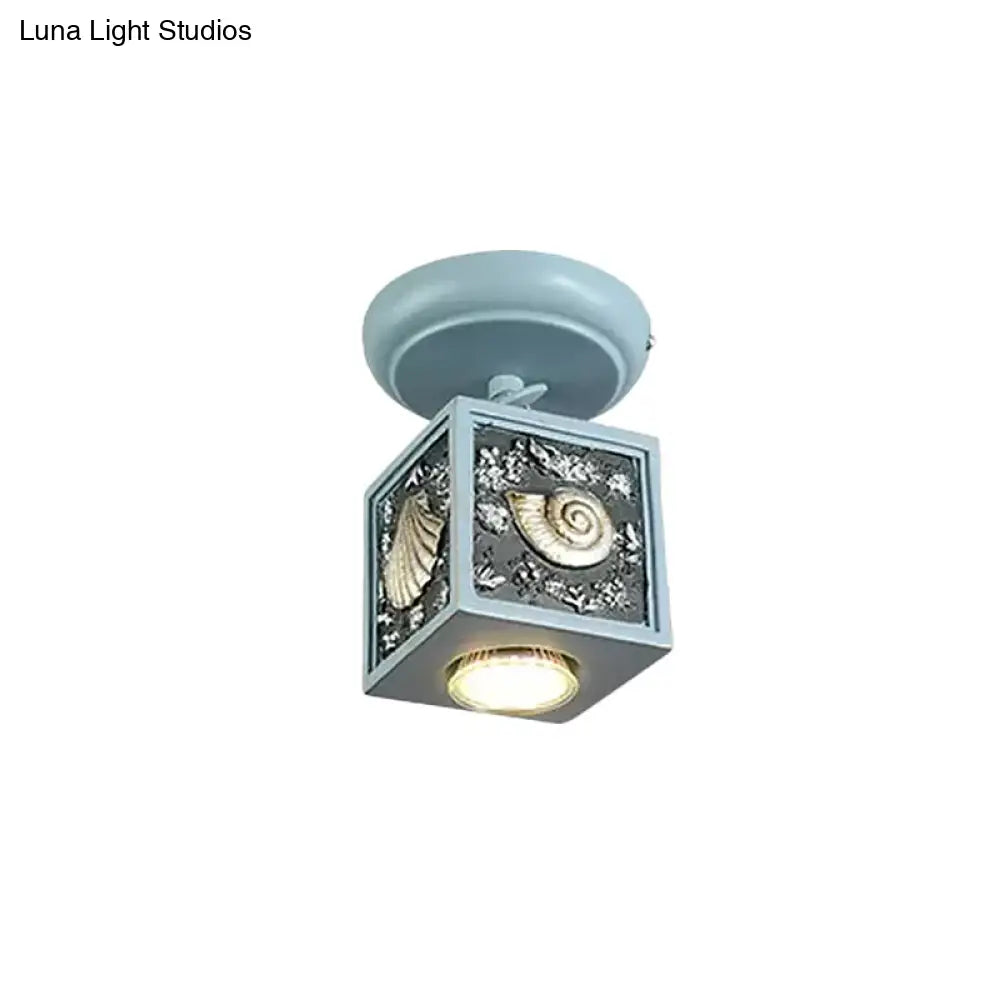 Cartoon Resin 1/2-Head Light/Sky Blue Ceiling Lamp - Cube Semi Mount With Conch Deco