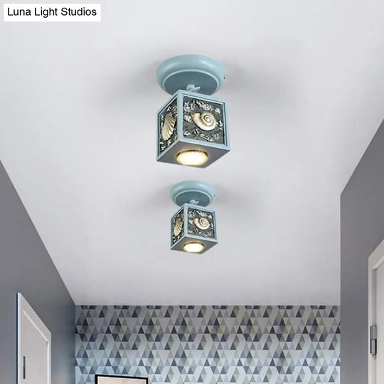 Cartoon Resin 1/2-Head Light/Sky Blue Ceiling Lamp - Cube Semi Mount With Conch Deco 1 / Light