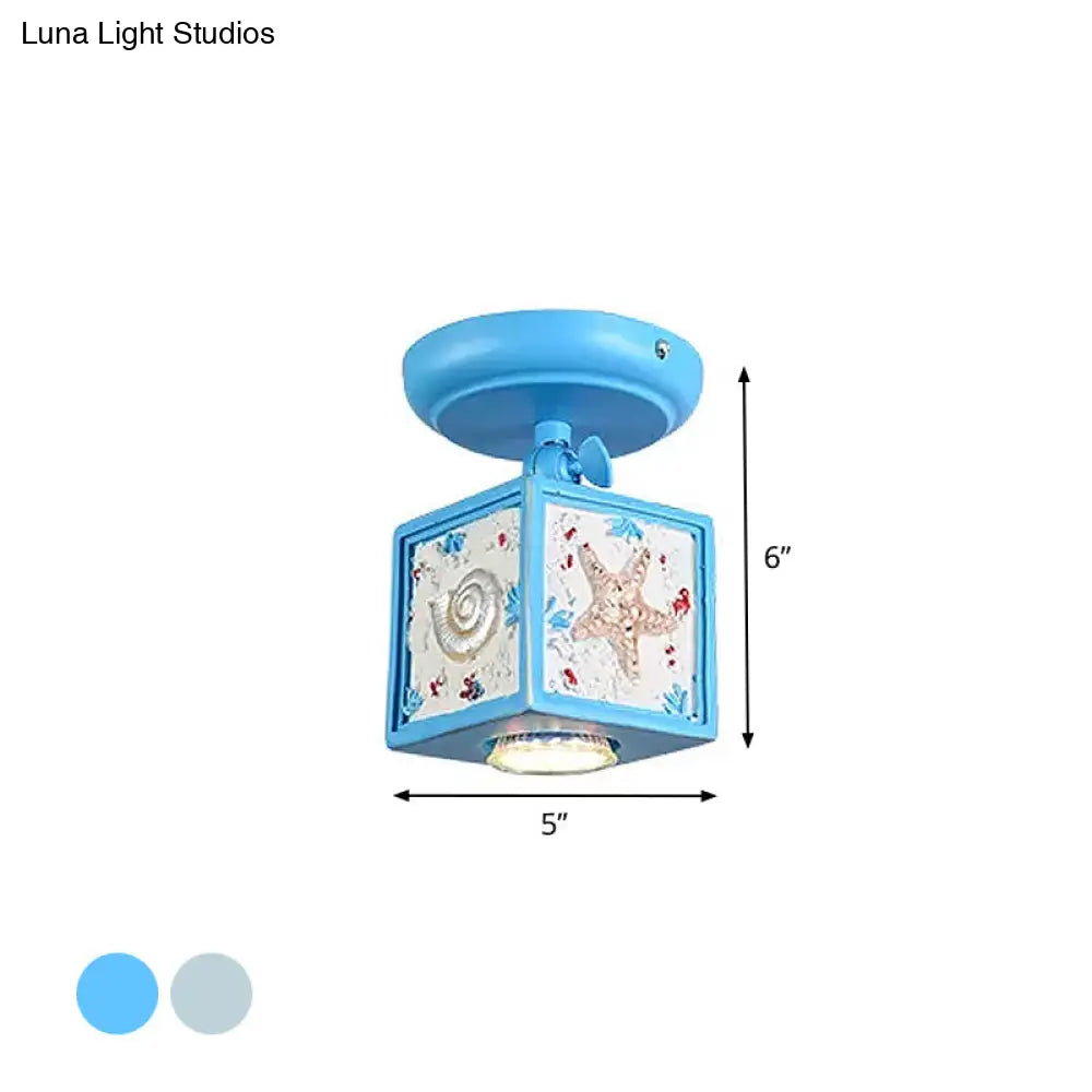 Cartoon Resin 1/2-Head Light/Sky Blue Ceiling Lamp - Cube Semi Mount With Conch Deco