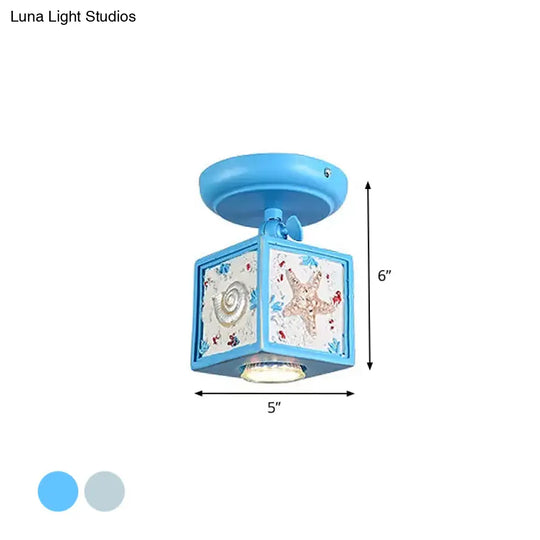 Cartoon Resin 1/2-Head Light/Sky Blue Ceiling Lamp - Cube Semi Mount With Conch Deco