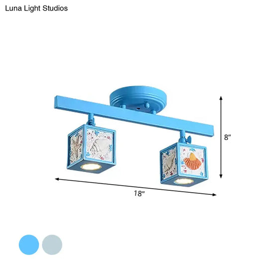 Cartoon Resin 1/2-Head Light/Sky Blue Ceiling Lamp - Cube Semi Mount With Conch Deco