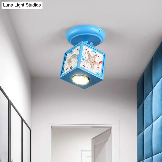 Cartoon Resin 1/2-Head Light/Sky Blue Ceiling Lamp - Cube Semi Mount With Conch Deco 1 / Sky