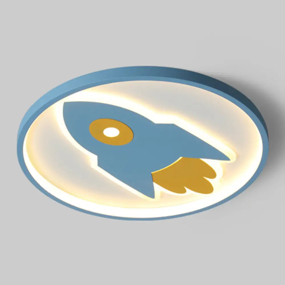 Cartoon Rocket Flush Mount Ceiling Light For Bedroom - Metal Fixture Blue / Warm