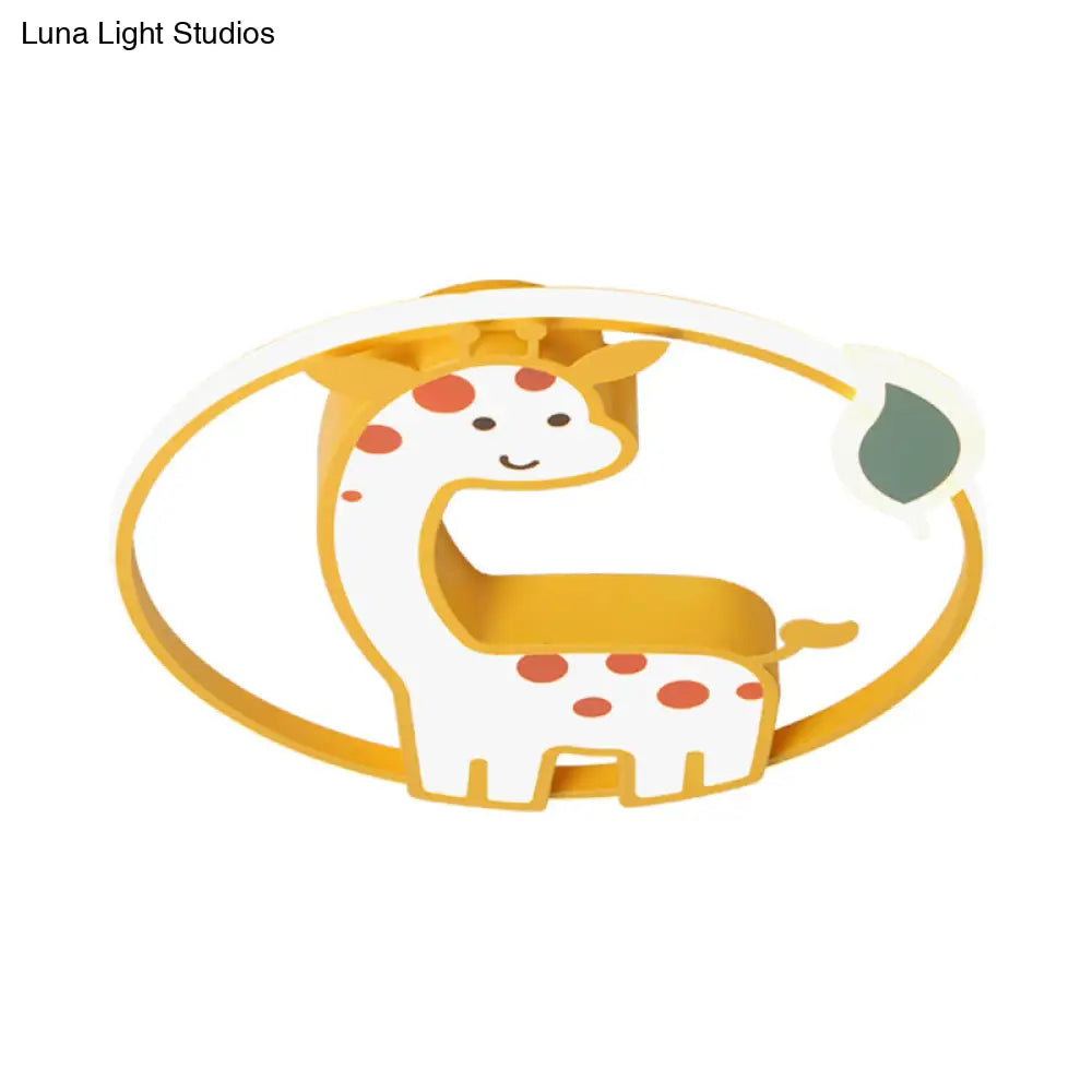 Cartoon - Style Acrylic Giraffe Flush Ceiling Light: Yellow Flushmount Fixture With Leaf Design