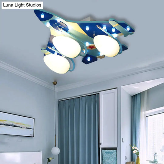 Cartoon Style Blue Plane Flush Mount Lamp With Wood Ceiling Lighting And Milk Glass Teardrop Shade -