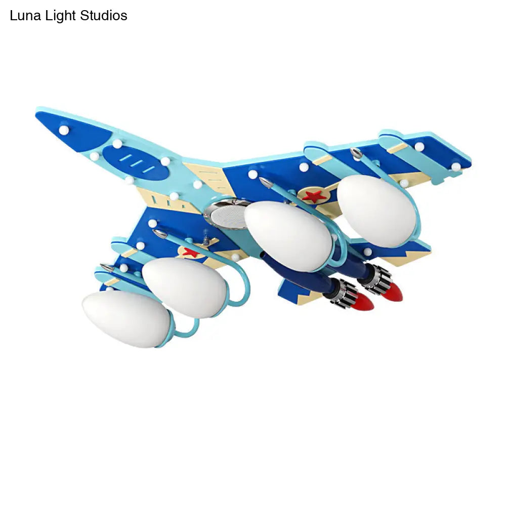 Cartoon Style Blue Plane Flush Mount Lamp With Wood Ceiling Lighting And Milk Glass Teardrop Shade