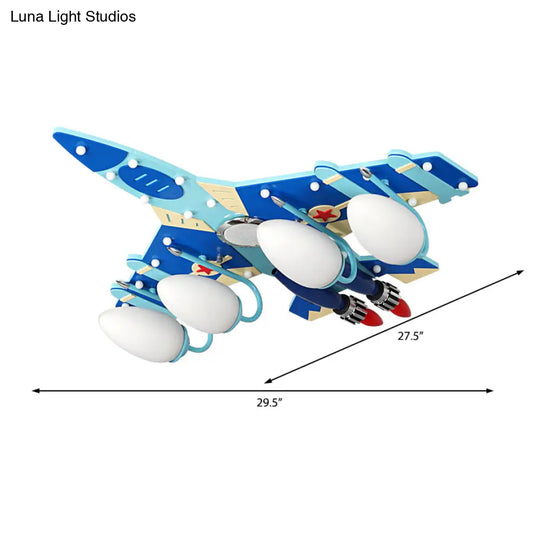 Cartoon Style Blue Plane Flush Mount Lamp With Wood Ceiling Lighting And Milk Glass Teardrop Shade