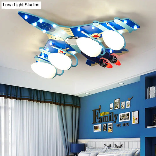 Cartoon Style Blue Plane Flush Mount Lamp With Wood Ceiling Lighting And Milk Glass Teardrop Shade