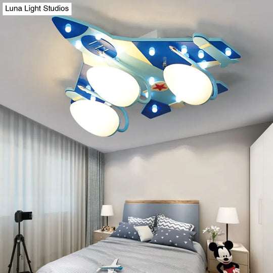 Cartoon Style Blue Plane Flush Mount Lamp With Wood Ceiling Lighting And Milk Glass Teardrop Shade -