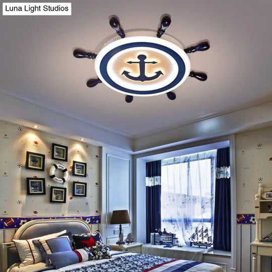 Cartoon Style Blue Round Led Flush Mount Light Fixture With Wood And Acrylic Accents Rudder Design
