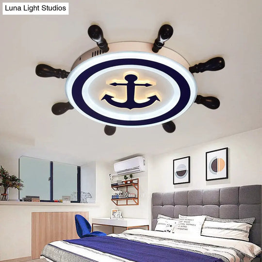 Cartoon Style Blue Round Led Flush Mount Light Fixture With Wood And Acrylic Accents Rudder Design