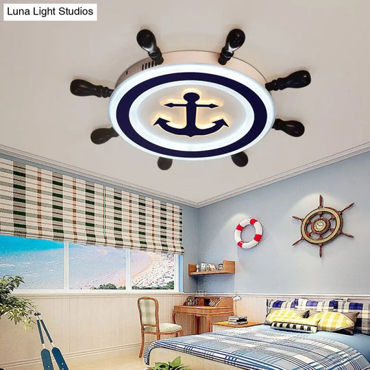 Cartoon Style Blue Round Led Flush Mount Light Fixture With Wood And Acrylic Accents Rudder Design